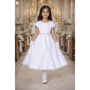 NEW Girls First Holy Communion Dress Size 7 - Satin & Crystal Organza Tea-Length